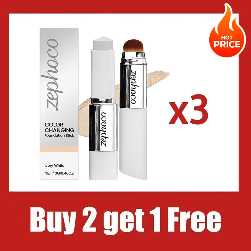 Two-in-one color-changing foundation stick is lightweight,hydrating and non-sticky,providing a light and thin foundation makeup